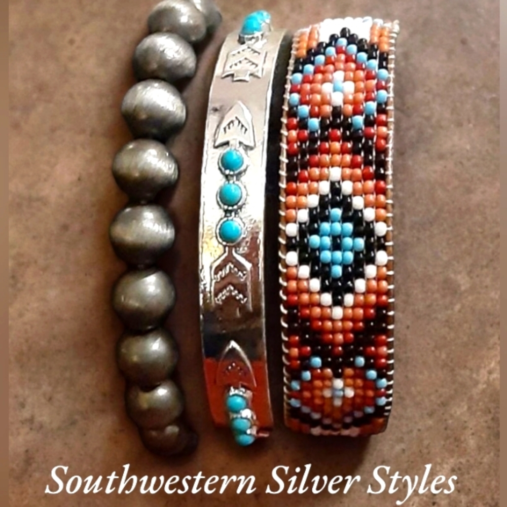 Southwest Navajo Style Pearls Howlite Turquoise Silver Plated (3)-Bracelet Set